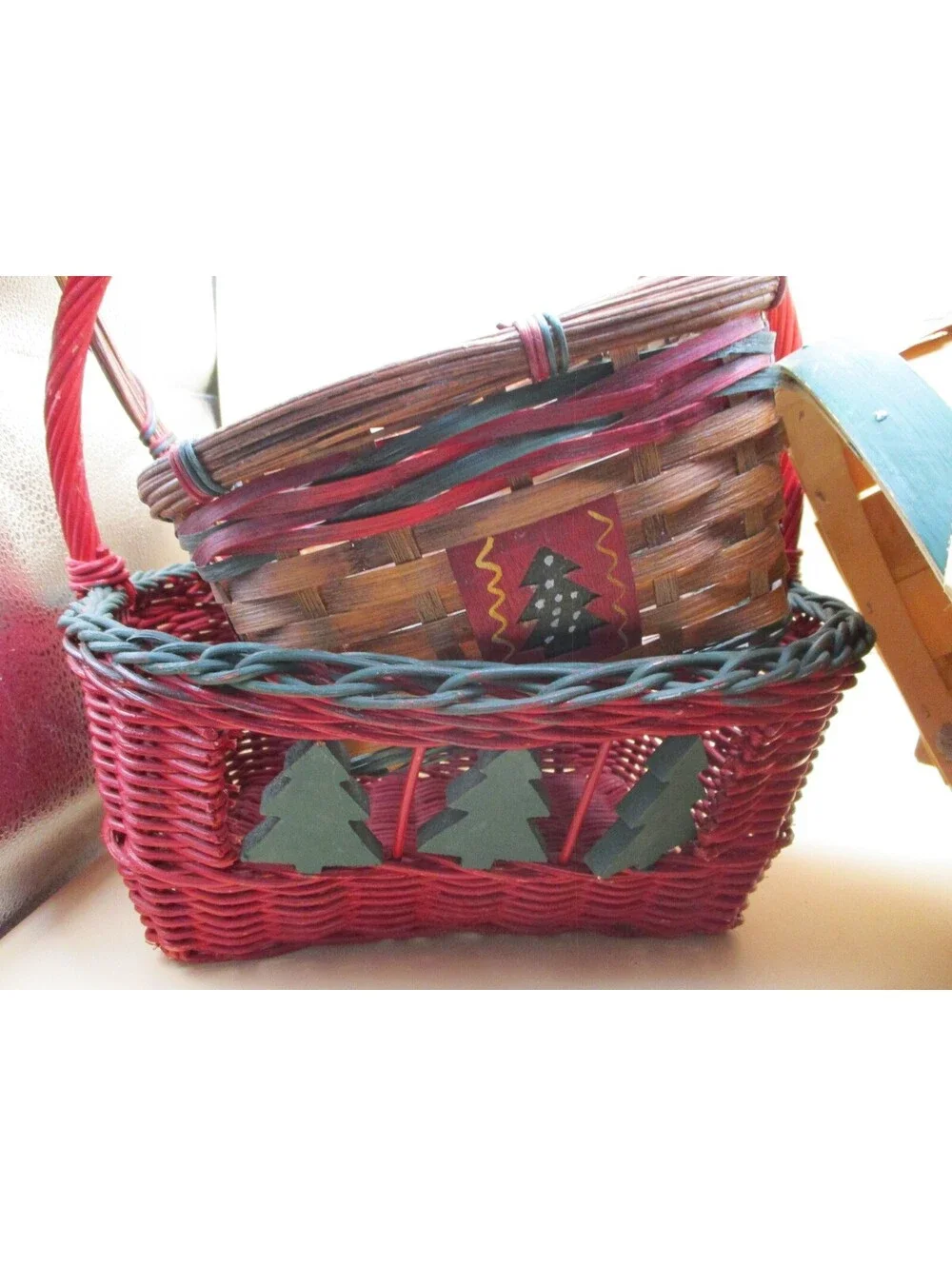Wholesale Lot 3pc Christmas Holiday Basket Set Snowman Tree Woven Wooden Slatt